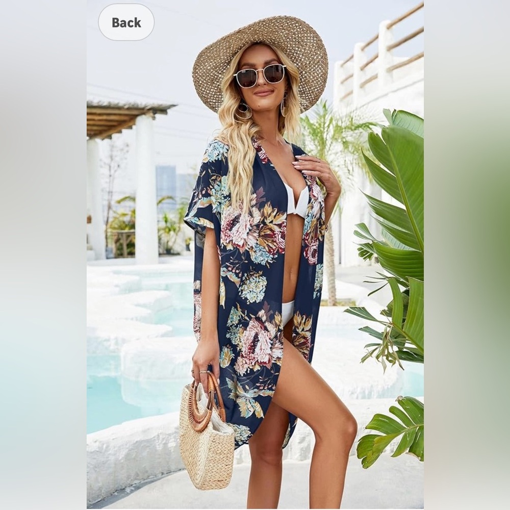 Navy Floral Open-Front Kimono